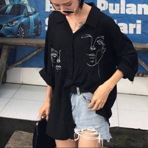 Black Button Up Top With White Detailing